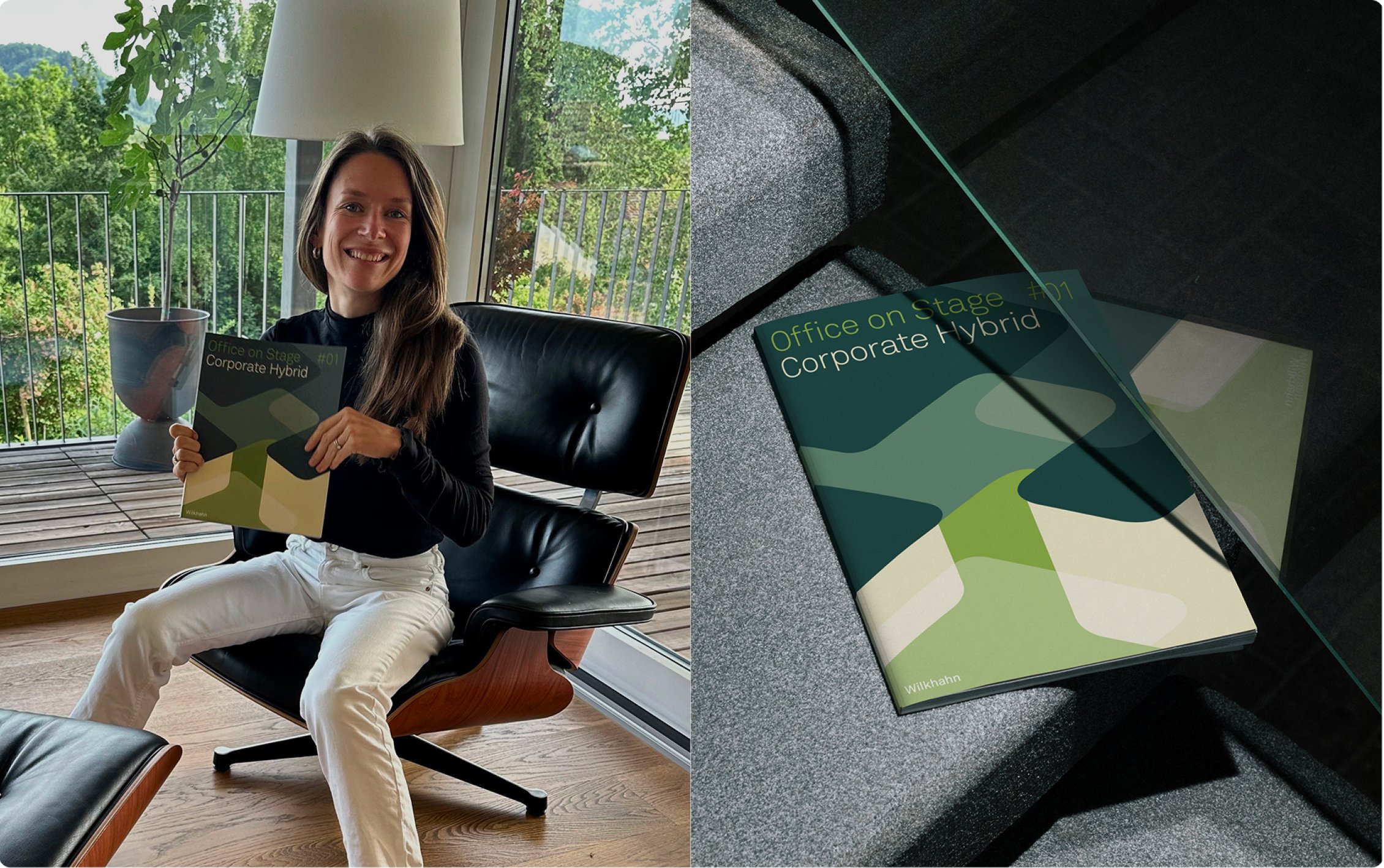 Wilkhahn Magazin Titelseite wird gezeigt sowie Natascha Müller-Kuhn mit dem Magazin in der Hand