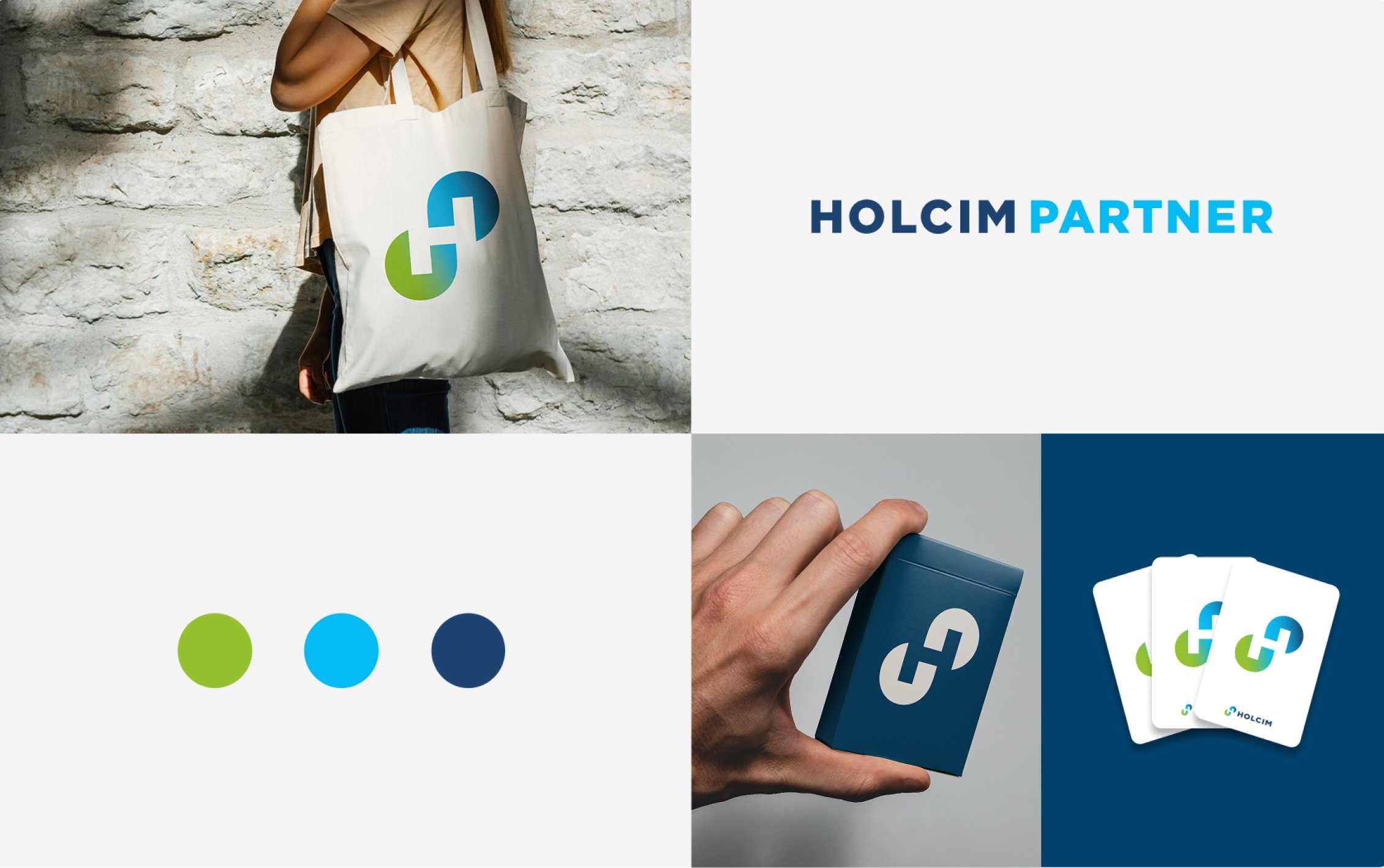 Holcim Anwendungen im neuen Branding. Taschen und Jasskarten